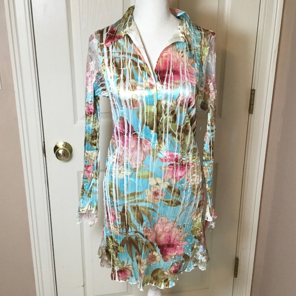 Komarov NWOT Blue & Pink Floral Satin & Lace Crinkled Long Sleeve Mini Dress - S